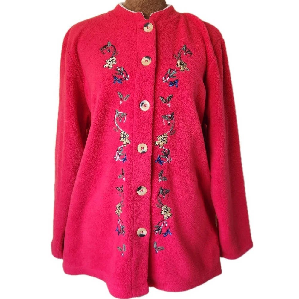 Bonnie‎ Evans Women's Fleece Jacket Gingerbread Embroidered Size M Red Relaxed